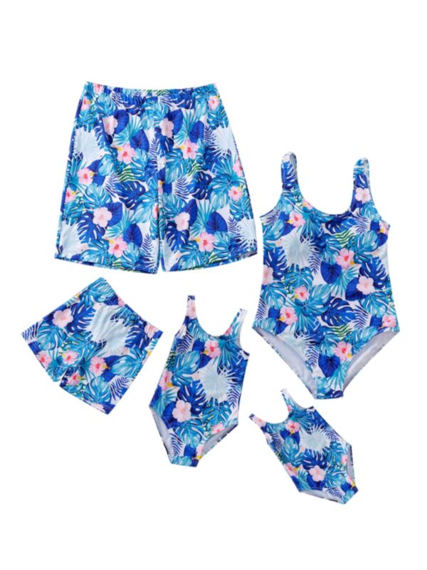 Family Matching Bathing Suit With Flower Leaves Pattern