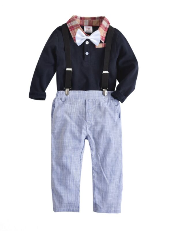2 Pieces Kid Boy Party Outfit Polo Shirts And Suspenders Pants