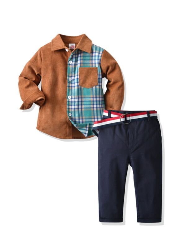 2 Pieces Kid Boy Check Colorblock Corduroy Shirt And Pants Set 
