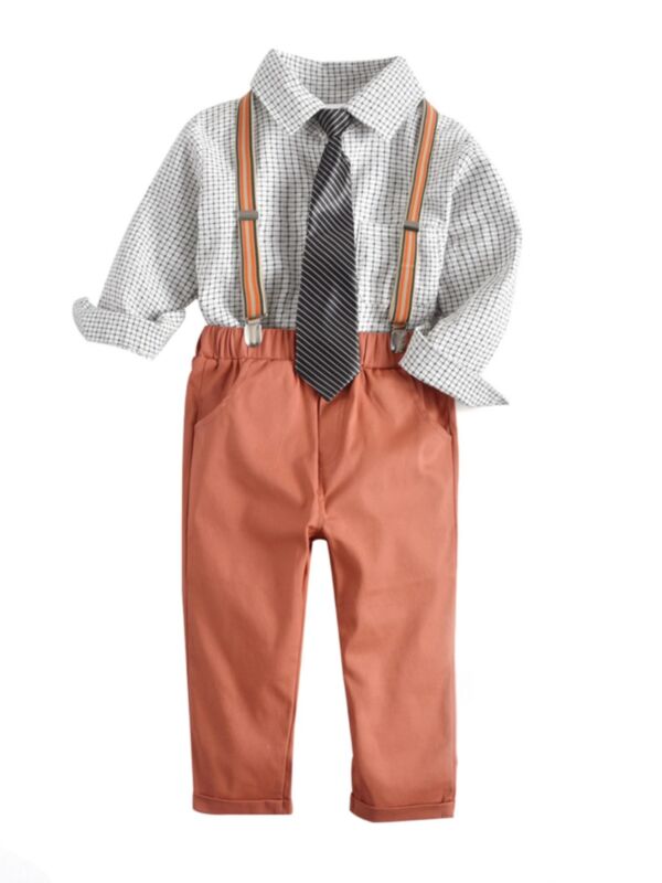 4 Pieces Boy's Suit Set With Checked Shirt Orange Pants Tie And Suspender