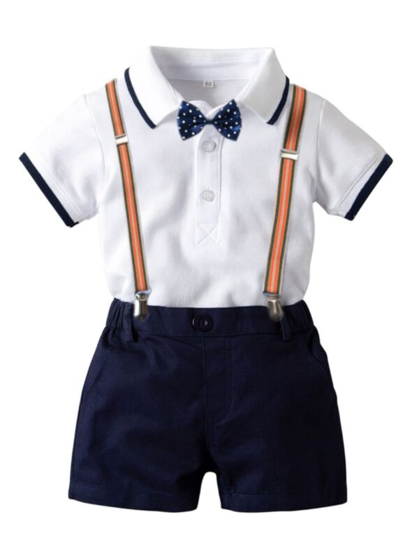 2 Pieces Baby Boy Gentlemen Bowtie Polo Bodysuit & Suspender Shorts Set