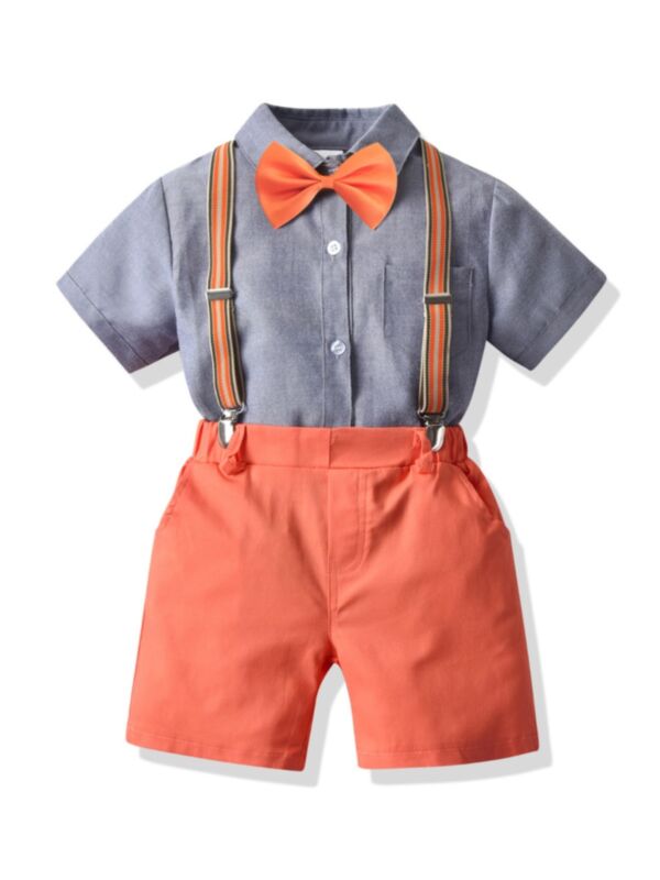 4 Pieces Kid Boy Gray Bowtie Shirt Orange Suspender Shorts Set 