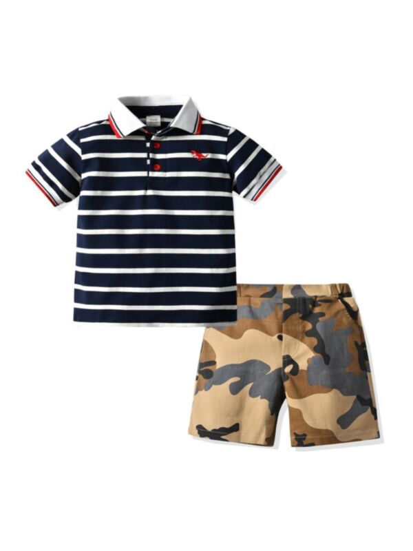 2 Pieces Kid Boy Stripe Polo Tee With Camo Shorts Set
