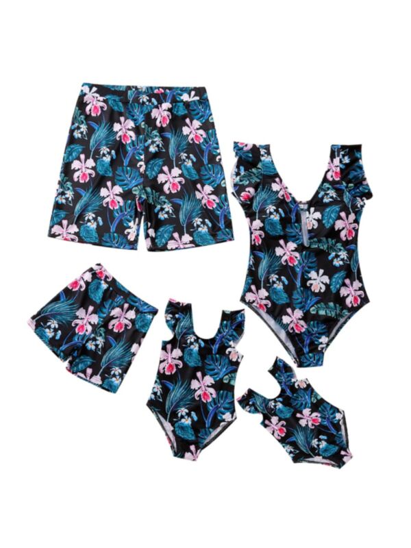 Family Matching Summer Floral Leaves Print Swimsuit