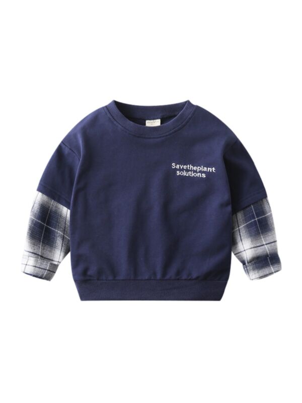 Kid Boy Fake Two Pieces Plaid Sleeve Sweatshirt