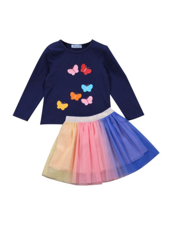 2 Pieces Kid Girl Butterfly Top And Colorful Mesh Skirt Set Set