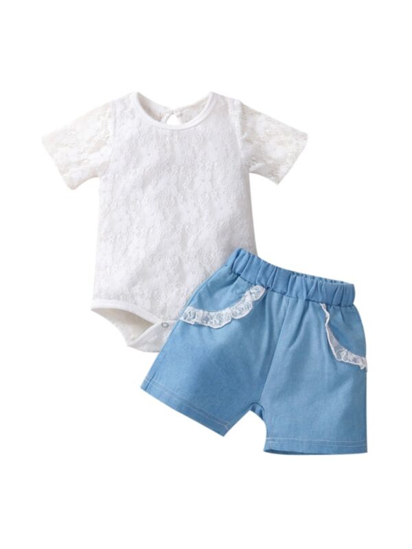 2 Pieces Baby Girl Lace Bodysuit With Shorts Set