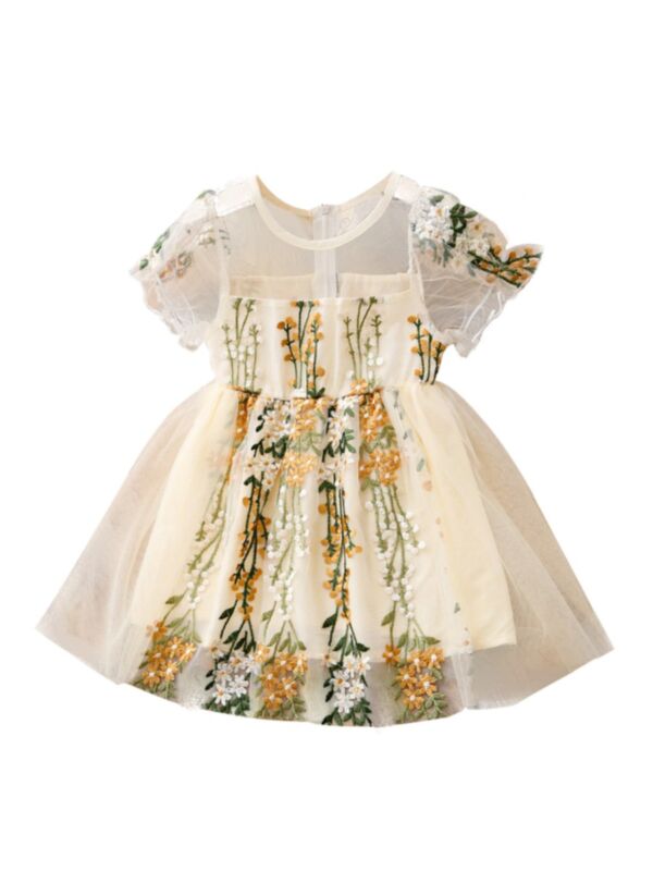 Embroidery Flower Patchwork Transparent Mesh Dress Big Kid Girl Clothes