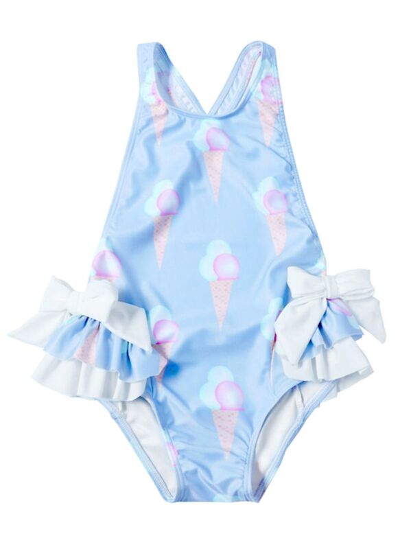 Sweet Bow Ice Cream Print Big Bow Backless  Bathing Suit Toddler Little Girl Swimwear
