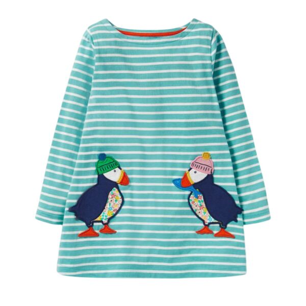 18M-7Y Toddler Girl Long-Sleeved Cartoon Penguin Print Striped Round Neck Dress Wholesale Little Girl Clothing KDV590821
