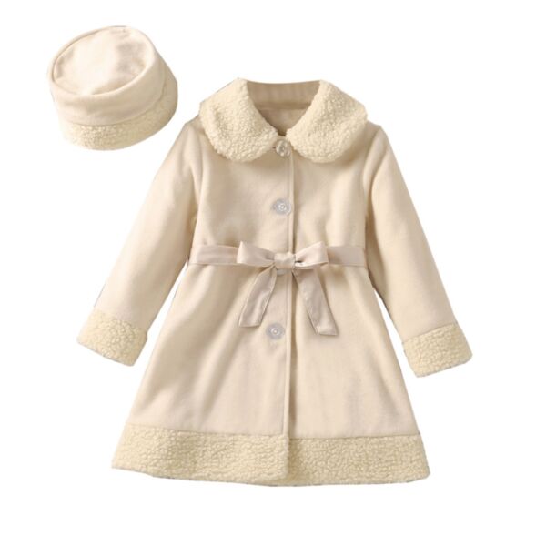 2-7Y Toddler Girls Fur Collar Solid Color Belted Single-Breasted Coats & Hats Wholesale Girls Clothes KCV387026