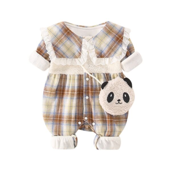 0-12M Baby Girl Onesies Short-Sleeved Plaid Ruffle Single-Breasted Jumpsuit And Panda Crossbody Bag Wholesale Baby Clothes Suppliers KJV591077