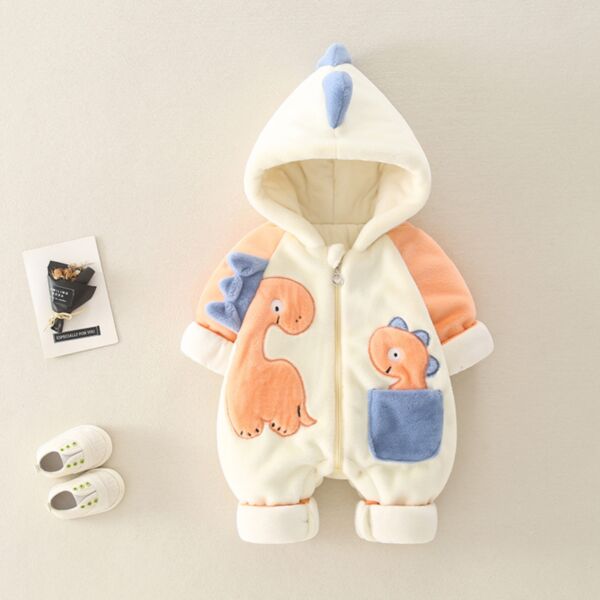 0-18M Baby Onesies Cartoon Dinosaur Print Long Sleeve Zipper Hooded Jumpsuit Wholesale Baby Clothing KJV591078