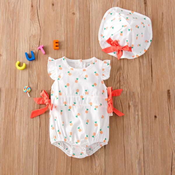 0-18M Baby Girl Onesies Fly Sleeve Pineapple Print Bodysuit And Hat Bulk Baby Clothes Wholesale KJV591073