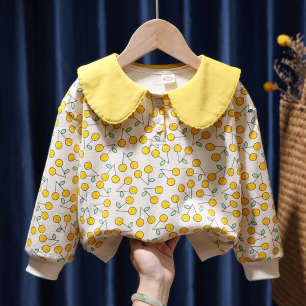 9M-6Y Toddler Girl Cute Heart Print Long Sleeve Ruffle Round Neck Top Girl Wholesale Boutique Clothing KTV591154