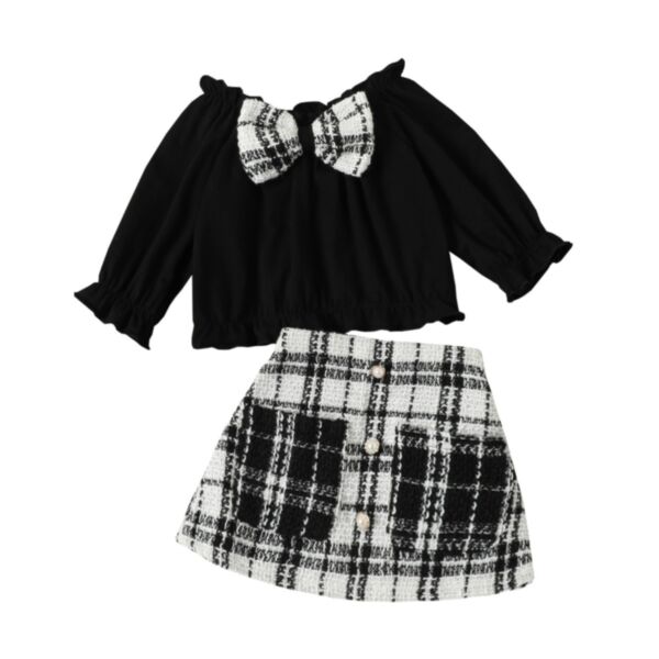 18M-6Y Toddler Girl Sets Long-Sleeved One-Piece Bow Neck Top And Plaid Skirt Wholesale Little Girl Clothing KSV591103