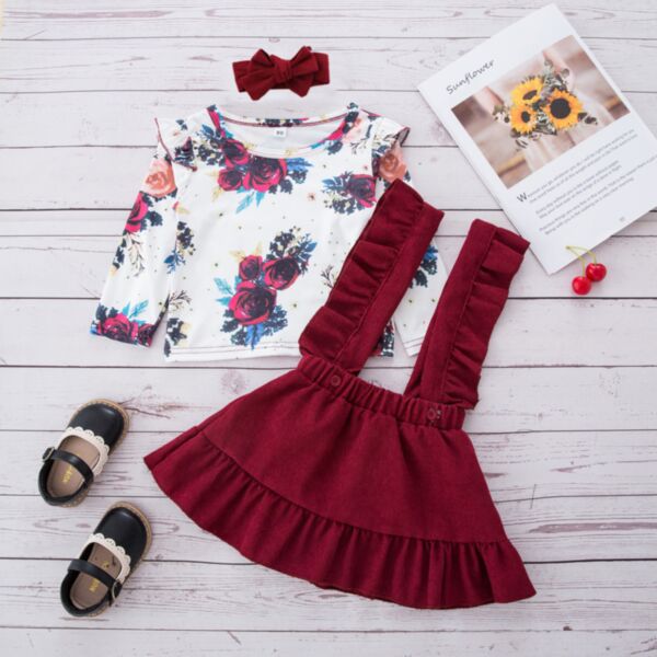 18M-5Y  Toddler Girl Sets Long Sleeve Floral Print Round Neck Top And Ruffled Suspender Skirt And Headband Wholesale Girls Fashion Clothes KSV591101