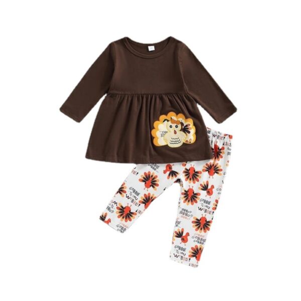 18M-6Y Toddler Girl Sets Thanksgiving Cartoon Turkey Embroidered Long-Sleeved Top And Pants Girl Wholesale Boutique Clothing KSV591100