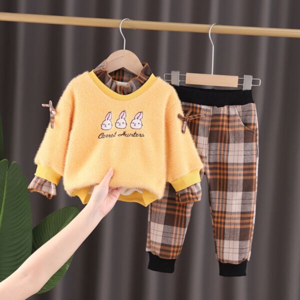 9M-3Y Toddler Girls Two Piece Sets Fleece Cartoon Long Sleeve Pullover & Plaid Pants Fashion Girl Wholesale KSV387290