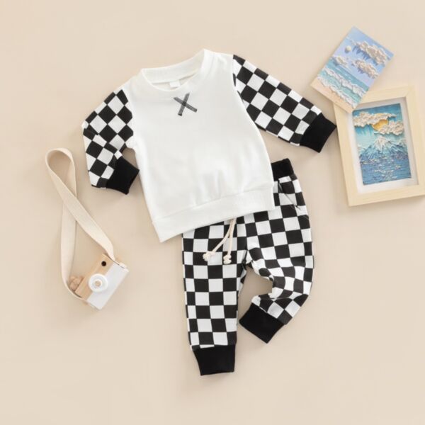 3-24M Baby Girl Sets Long Sleeve Color Blocking Checkerboard Round Neck Top And Pants Wholesale Baby Clothes KSV591142