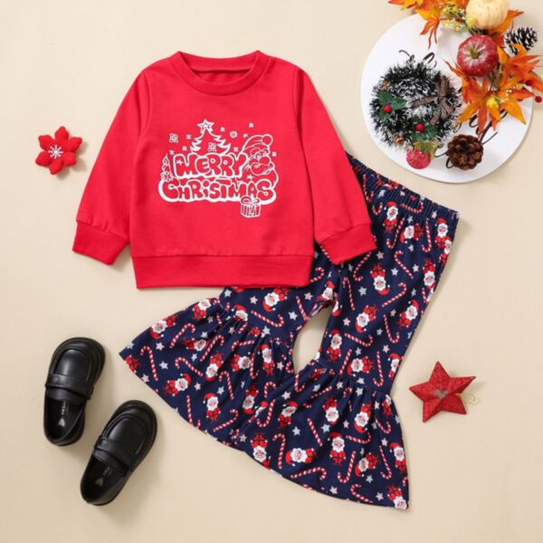 9M-4Y Toddler Girl Sets Christmas Cartoon Letter Print Long Sleeve Round Neck Top And Flared Pants Fashion Girl Wholesale KSV591143