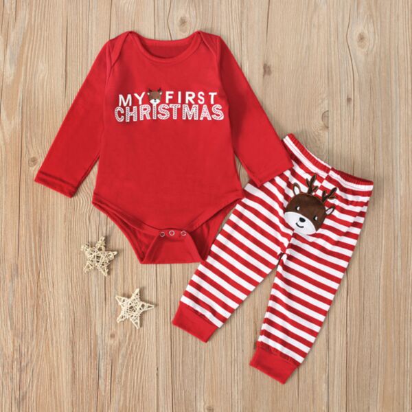 3-24M Baby Girl Sets Christmas Cartoon Moose Letter Print Long Sleeve Jumpsuit And Striped Pants Bulk Baby Clothes Wholesale KSV591148