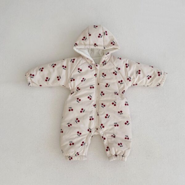 0-12M Baby Girl Onesies Long Sleeve Cherry Print Zipper Hooded Jumpsuit Wholesale Baby Boutique Clothing KJV591076