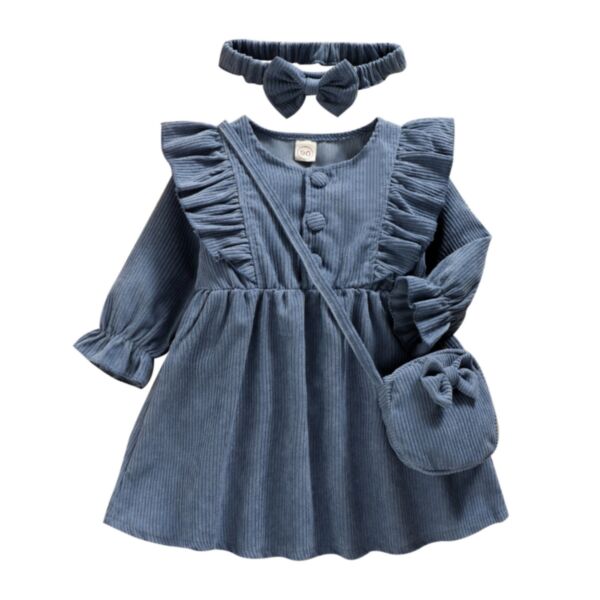 18M-6Y Toddler Girl Solid Color Ruffle Long Sleeve Dress And Bag And Headband Wholesale Girls Clothes KDV591036
