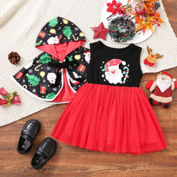 18M-6Y Toddler Girl Sets Christmas Sleeveless Cartoon Santa Claus Print Mesh Dress And Hooded Shawl Wholesale Girls Fashion Clothes KSV591136