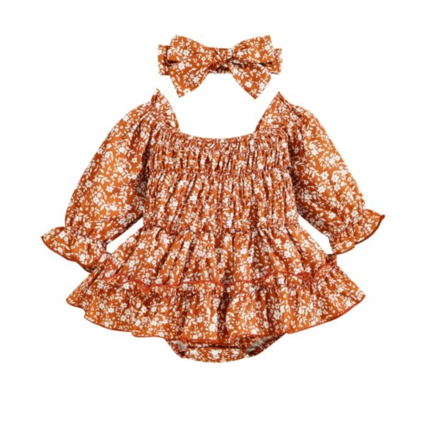 3-18M Baby Girl Onesies Long-Sleeved Floral Hemline Bodysuit And Headband Wholesale Baby Boutique Clothing KJV590909