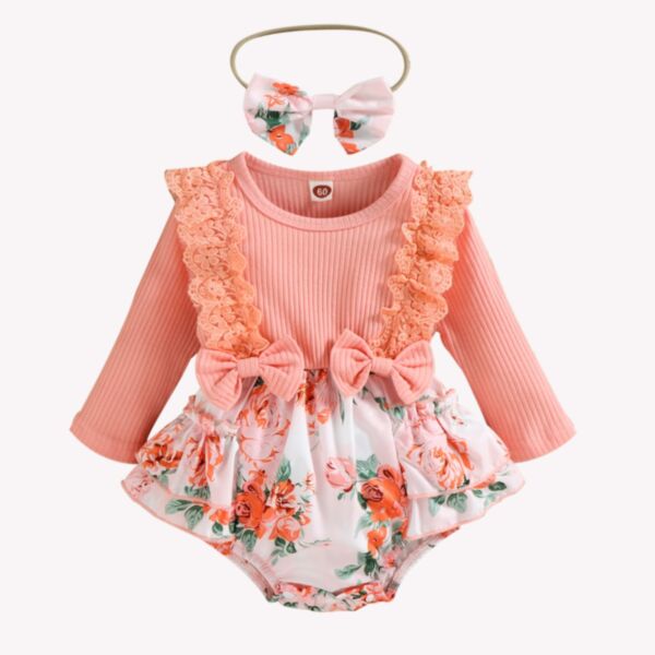 3-24M Baby Girl Onesies Long Sleeve Ribbed Floral Print Bow Bodysuit And Headband Wholesale Baby Clothes Suppliers KJV590983