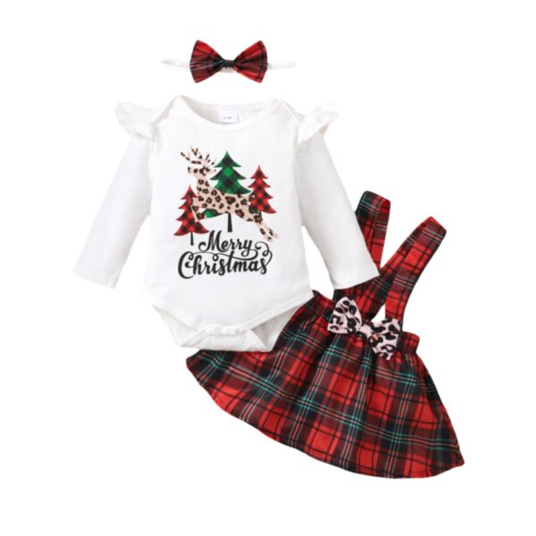 0-12M Baby Girls Sets Merry Christmas Long Sleeve Bodysuit & Plaid Skirts & Headband Wholesale Baby Clothes KSV387346