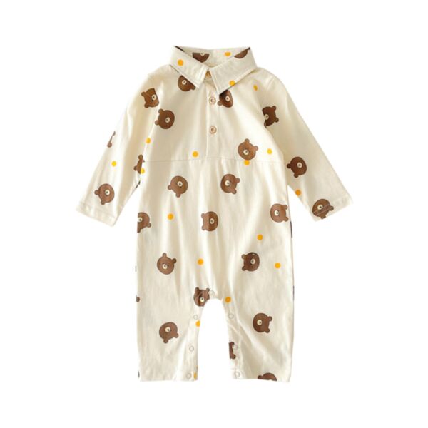 3M-3Y Baby Boy Onesies Cartoon Bear Head Print Long Sleeve Lapel Jumpsuit Wholesale Baby Clothing KJV591257