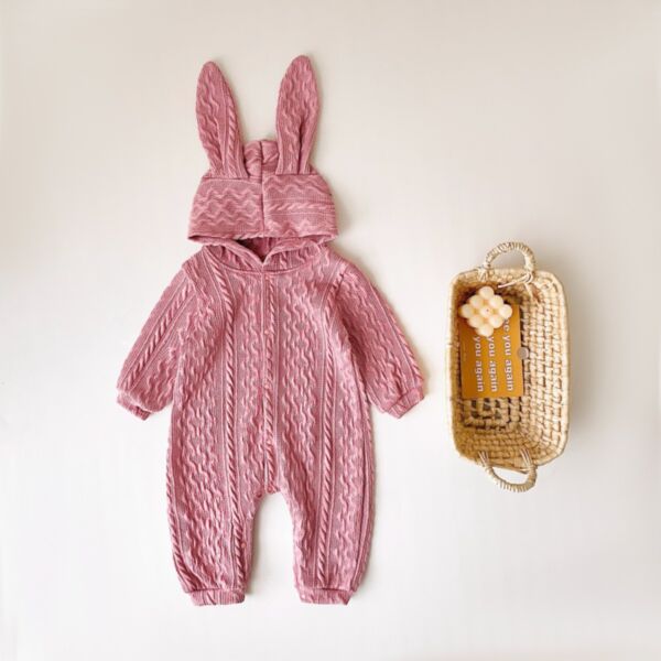 3M-3Y Baby Onesies Long-Sleeved Wave Pattern Bunny Ears Hooded Jumpsuit Wholesale Baby Clothes KJV591260