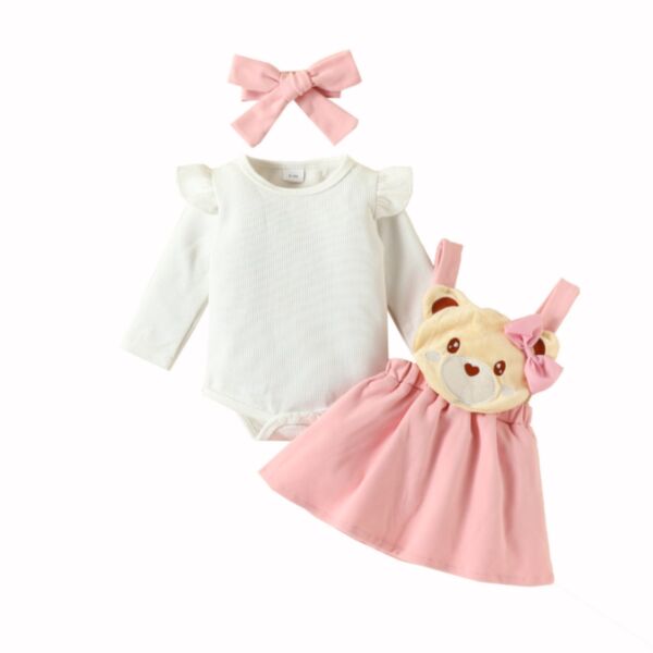 0-18M Baby Girl Sets Solid Color Long Fly Sleeve Bodysuit And Cartoon Bear Bow Suspender Dress And Headband Wholesale Baby Clothes KSV591044