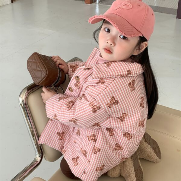 9M-6Y Cotton Padded Jacket Warm Bear And Plaid Print Button Coat Baby Wholesale Clothing KKHQV492048