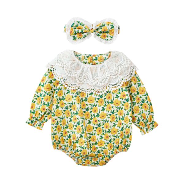 3M-3Y Floral Print Long Sleeve Lace Wide Collar Onesies Romper Jumpsuit Baby Wholesale Clothing KKHQV492025