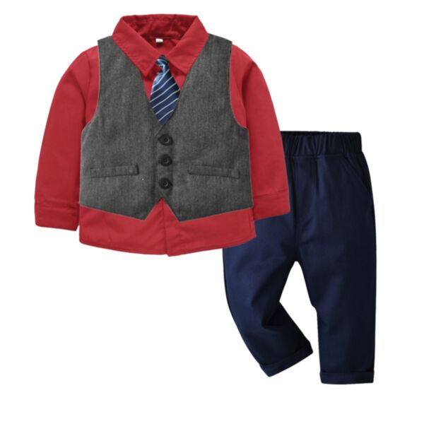 12M-6Y Toddler Boy Suit Sets Long-Sleeved Solid Color Lapel Tie Top And Single-Breasted Vest And Pants Wholesale Boys Clothes KSV591048