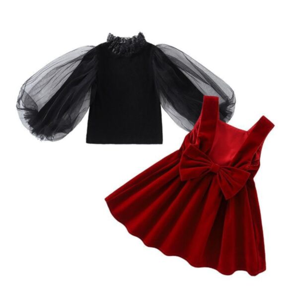 9M-6Y Toddler Girl Sets Mesh Collar Puff Sleeves High Neck Top And Velvet Bow Suspender Dress Wholesale Girls Clothes KSV591065