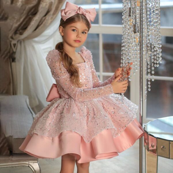 9M-16Y Big Kids Girls Square Collar Puffl Sleeve Sequin Princess Dress Wholesale Kids Clothes KDV387541