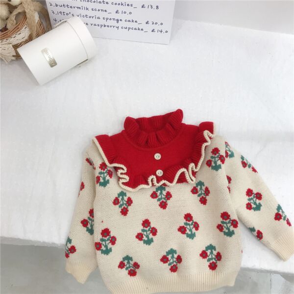 18M-6Y Floral Knitwear Print Flower Collar Fleece Sweater Wholesale Kids Boutique Clothing KKHQV491970