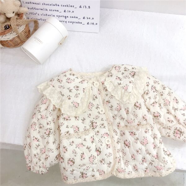9M-6Y Floral Print Cotton Padded Thin Style Wide Lace Collar Coat Wholesale Kids Boutique Clothing KKHQV491954