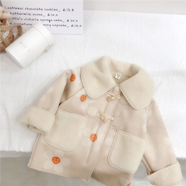 18M-6Y Flower Fleece Long Style Jacket Smile Print Button Coat Wholesale Kids Boutique Clothing KKHQV491953