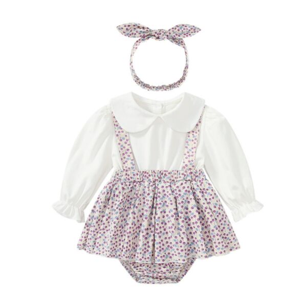 3-24M Baby Girls Two Fake Piece Floral Doll Collar Bodysuit & Headband Wholesale Baby Clothing KJV387305