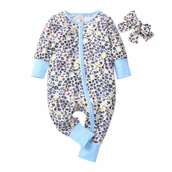 0-18M Baby Girl Onesies Long-Sleeved Leopard Print Zip-Up Jumpsuit And Headband Wholesale Baby Clothes KJV591125
