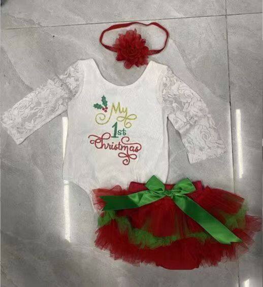 0-12M Baby Girl Sets Christmas Long Sleeve Letter Print Green And Bow Pleated Skirt And Headband Wholesale Baby Clothing KSV591168