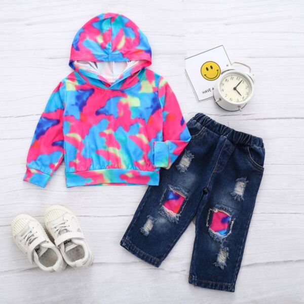 9M-4Y Toddler Sets Long-Sleeved Tie-Dye Hooded Top And Ripped Jeans Wholesale Toddler Clothing KSV591129