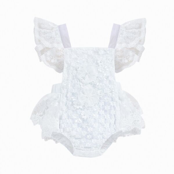 3-18M Baby Girls Lace Flutter Sleeve Mesh Bodysuit Wholesale Baby Boutique Clothing KJV387573