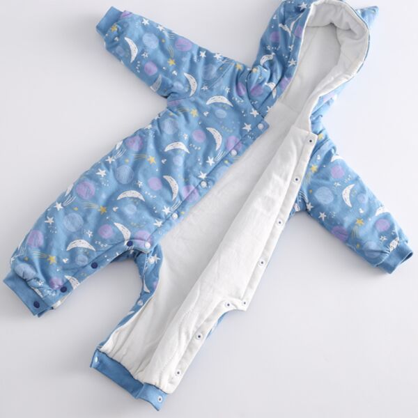 0-6M Cotton Padded Warm Blue Moon And Star Print Long Sleeve Romper Onesies With Ear Hat Baby Wholesale Clothing KKHQV492090