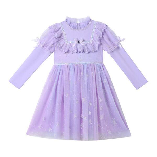2-7Y Toddler Girl Solid Color Snowflake Print Ruffle Round Neck Long Sleeve Dress Fashion Girl Wholesale KDV591206